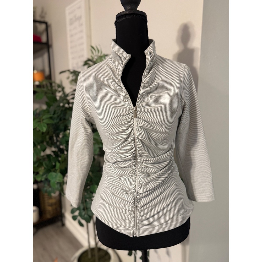 BBSP Womens Grey White Striped Ruched Full Zip Mock Neck Active Top 3/4 Sleeve